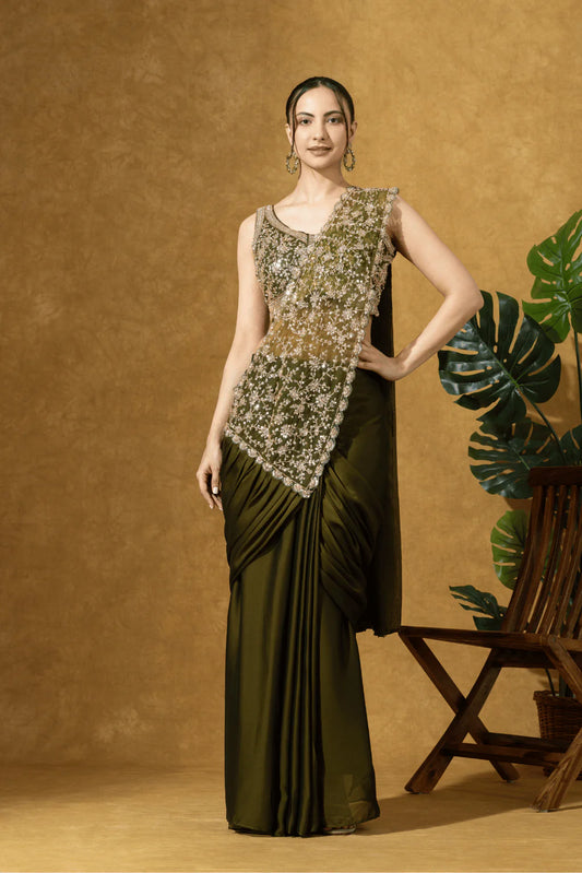 shop olive green bridesmaid saree