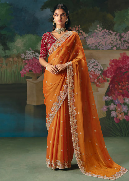 shop bright orange saree indian wedding outfit