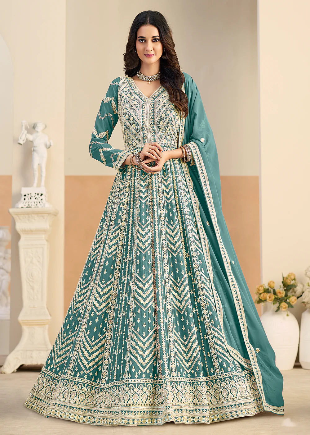 shop teal anarkali dress online