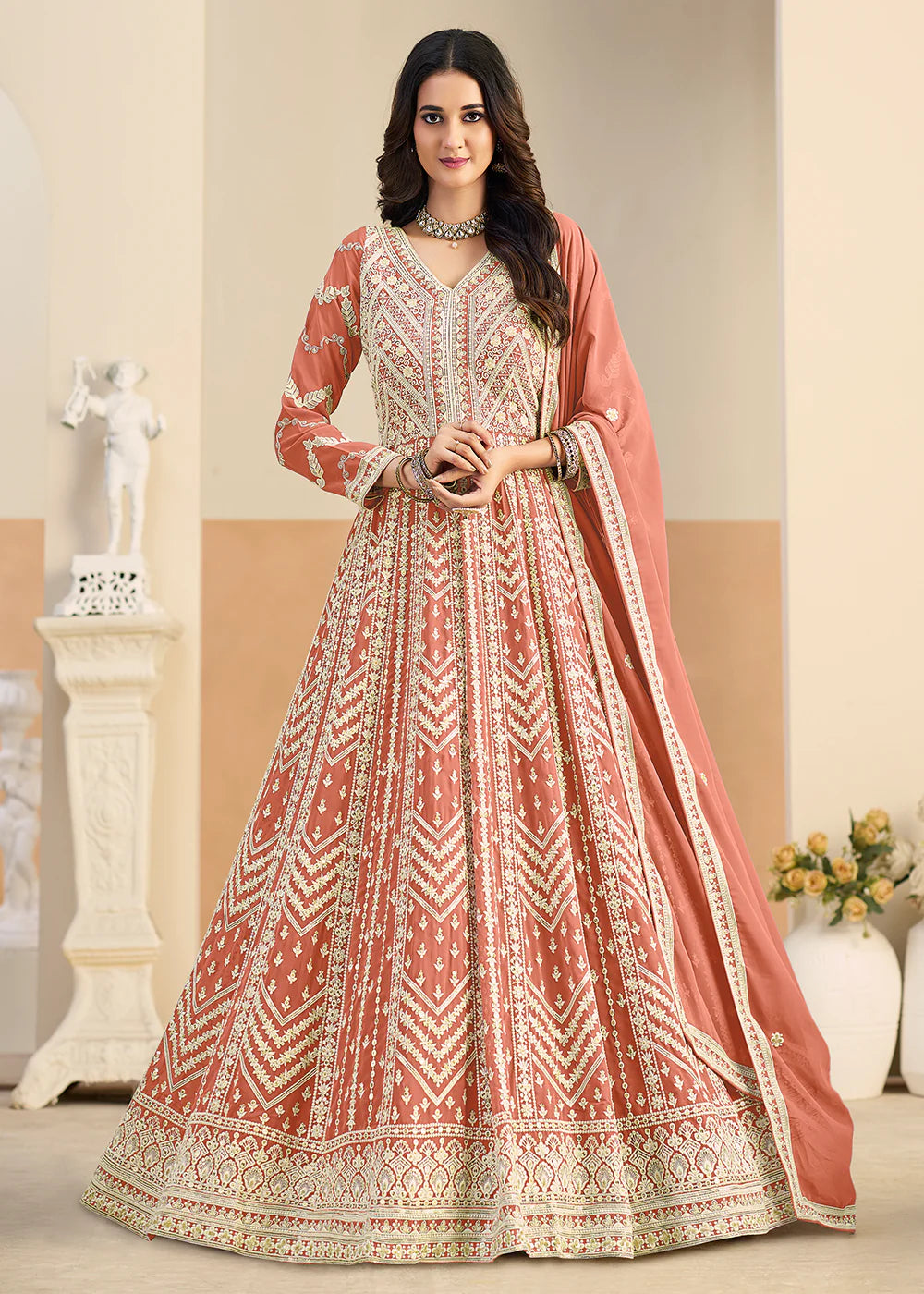 shop peach anarkali dress online