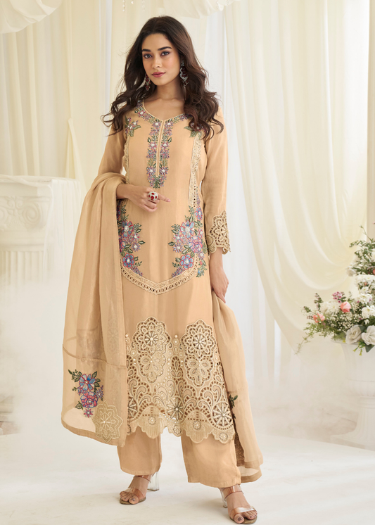 designer peach embroidered silk suit usa