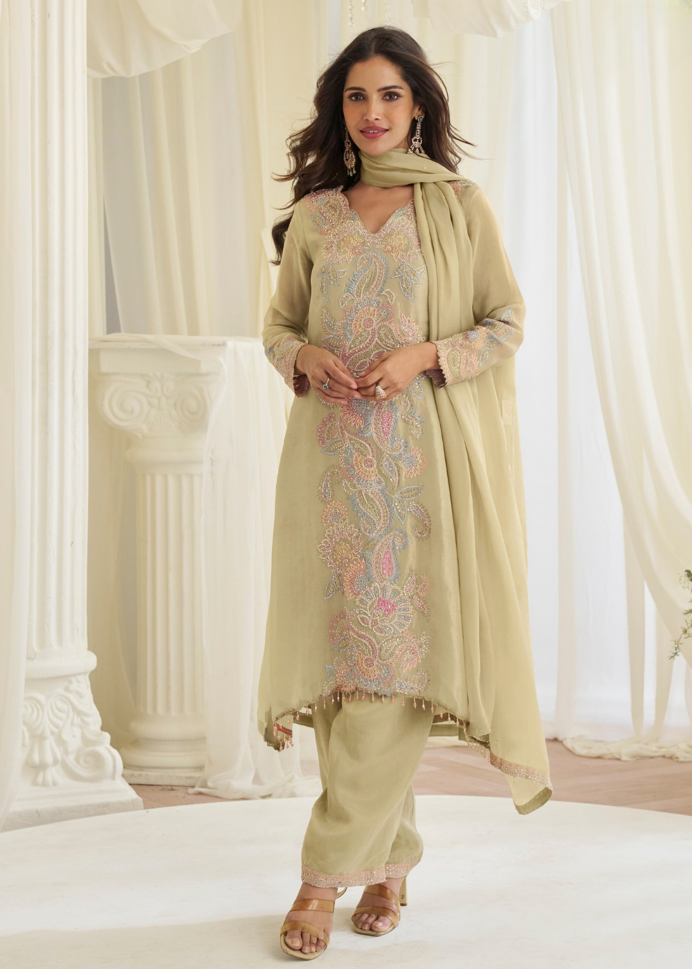 designer pistachio green embroidered suit usa