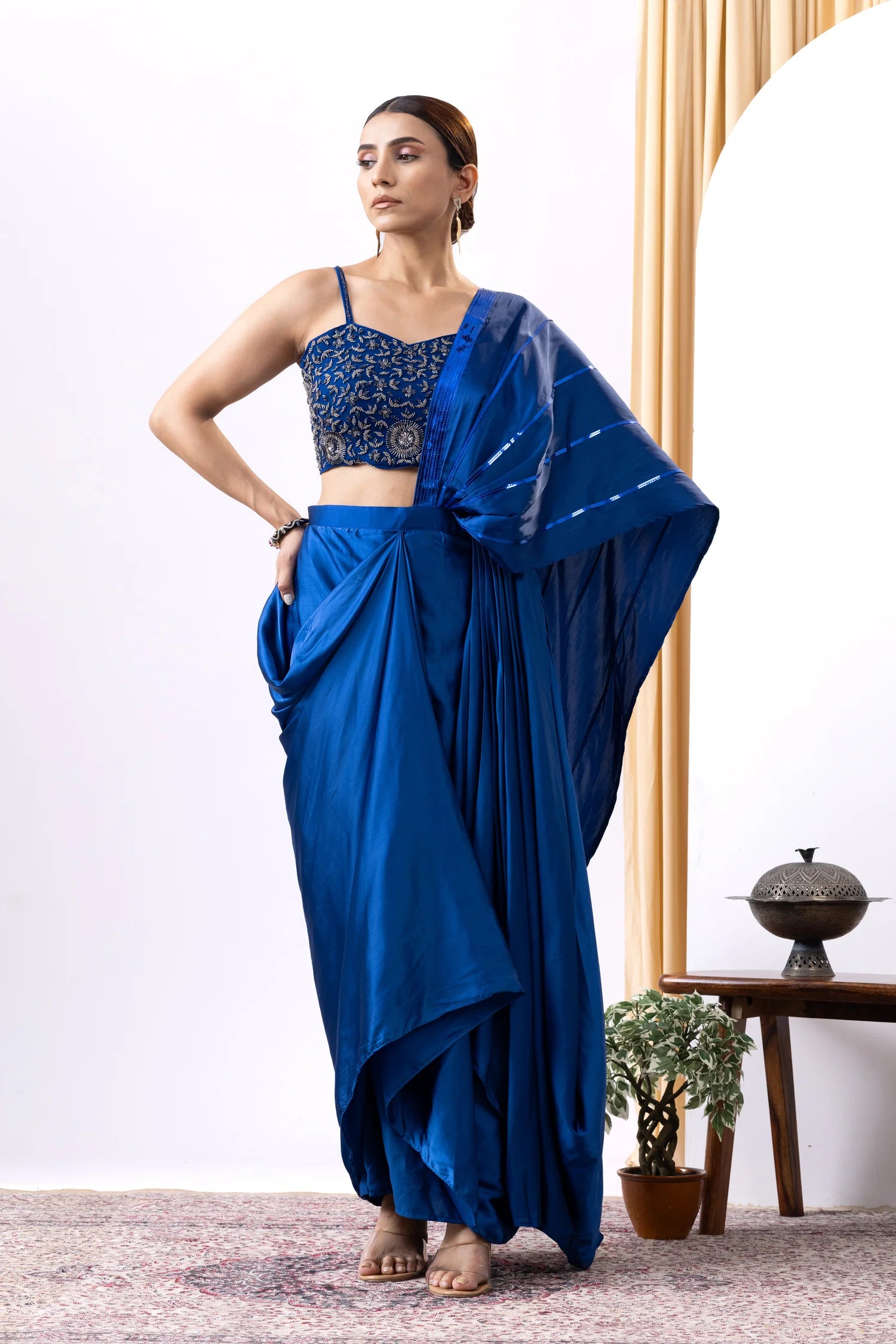 shop satin saree royal blue