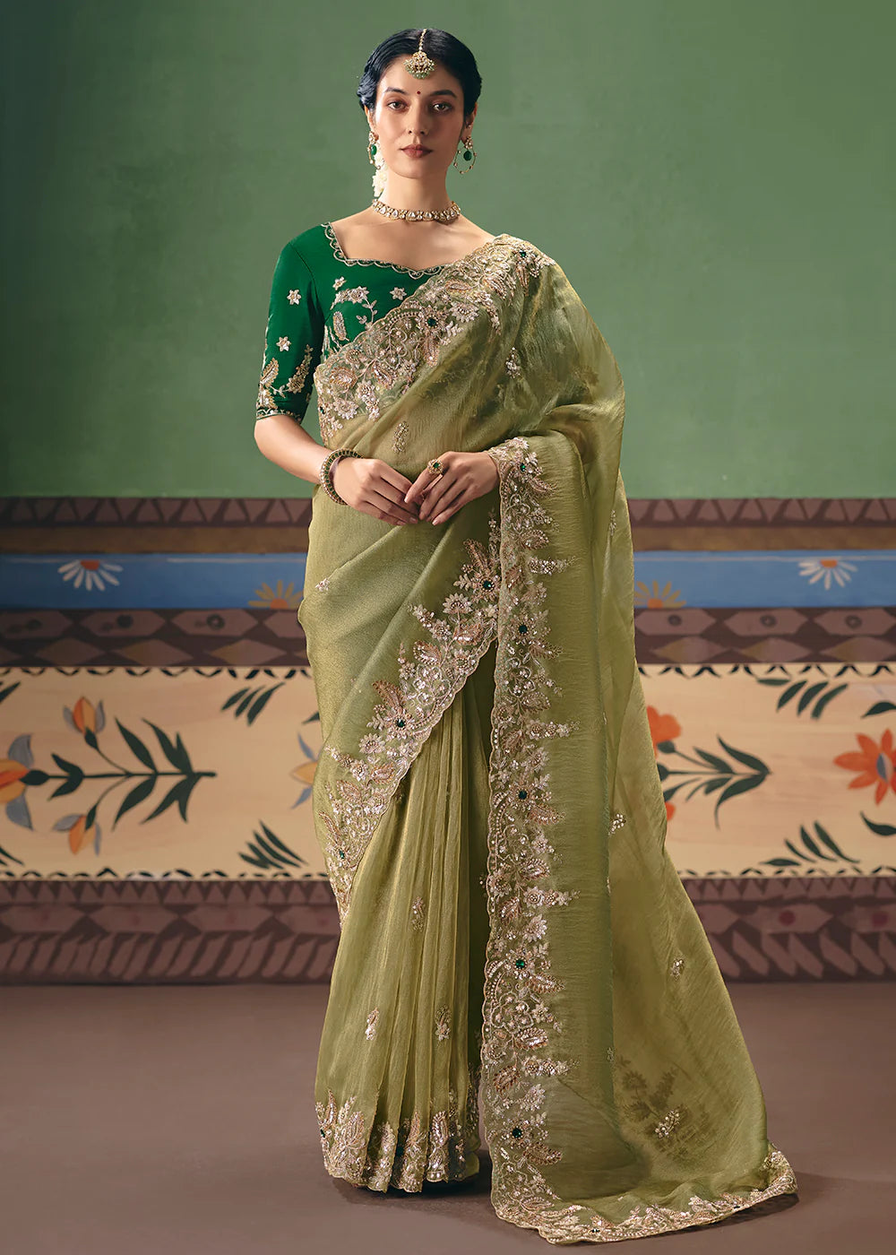 designer green saree with blouse canada