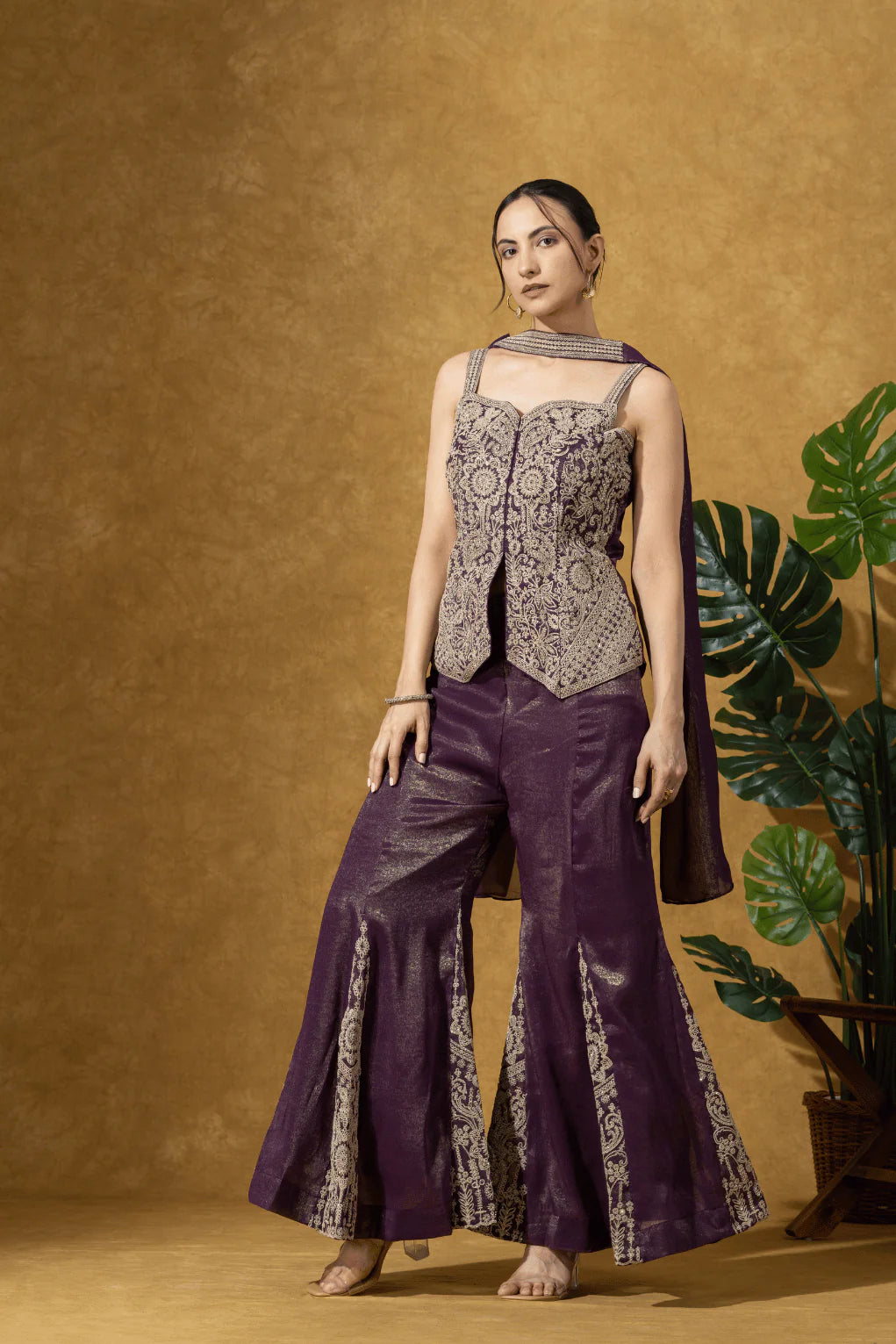 shop wine embroidered indo western outfit