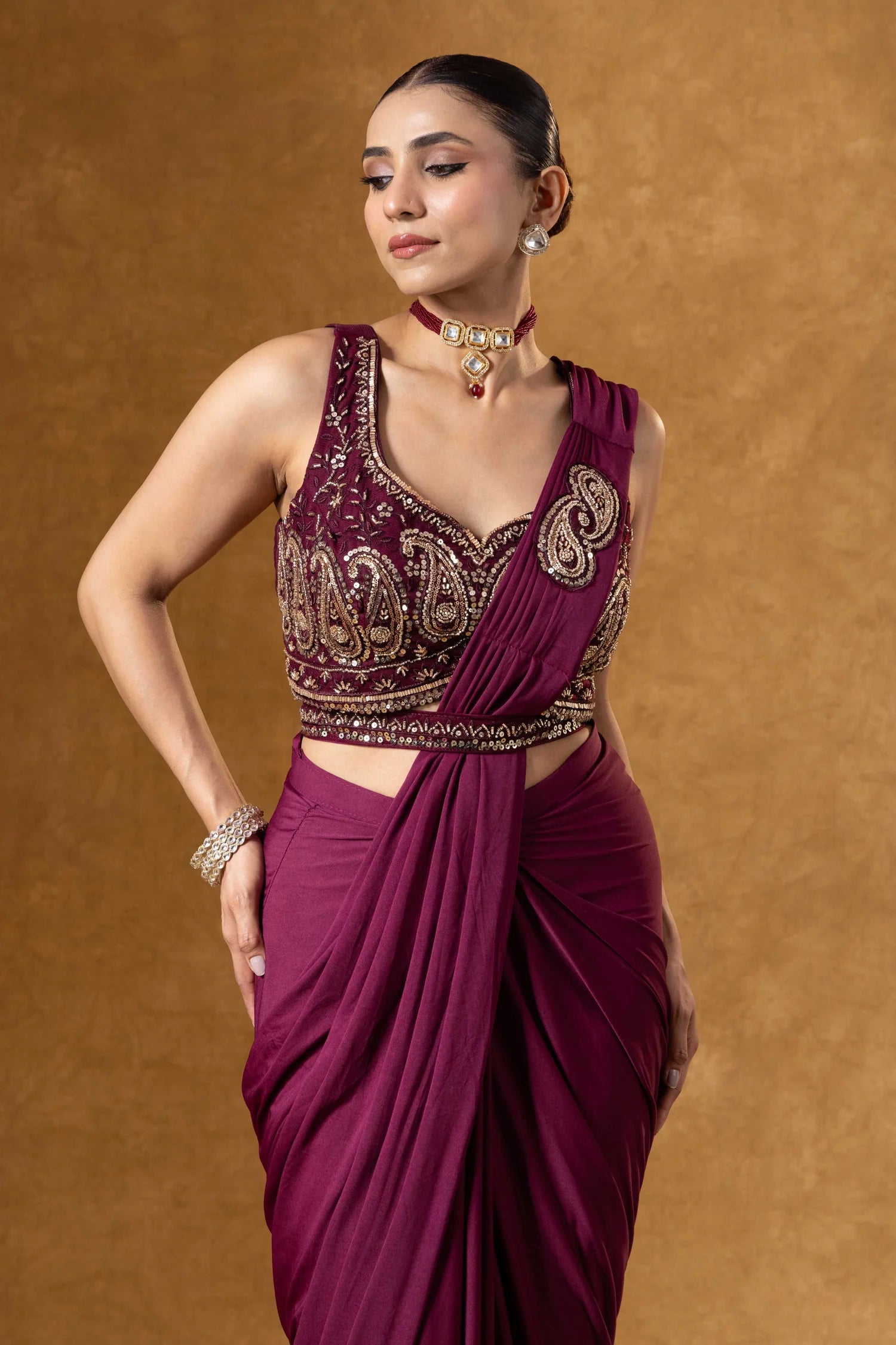 pakistani style saree deep wine buy
