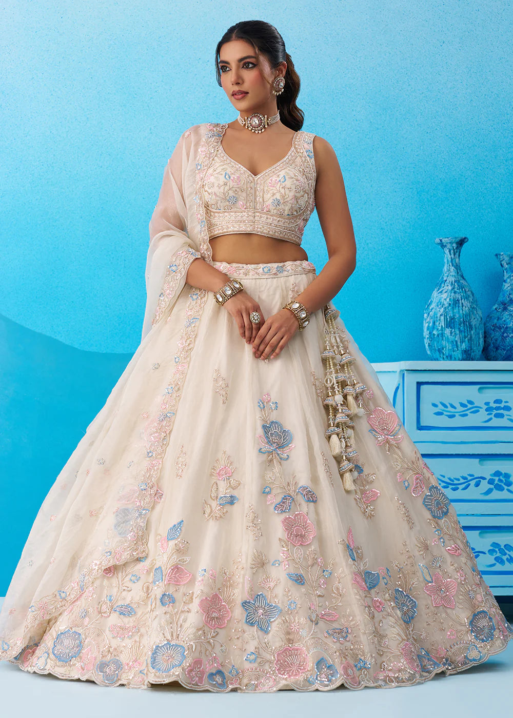 cream reception lehenga
