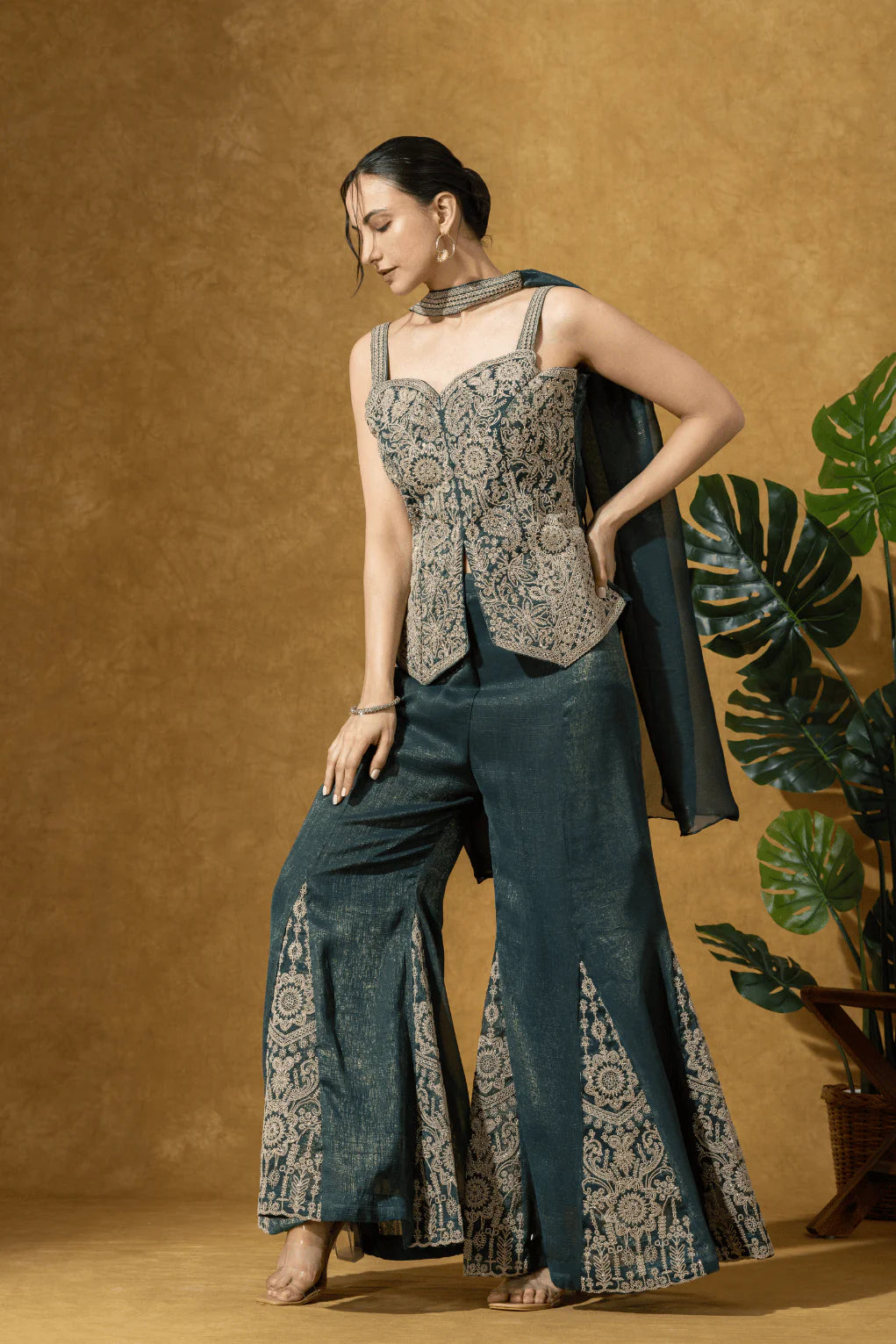 embroidered jacket flared pants set women