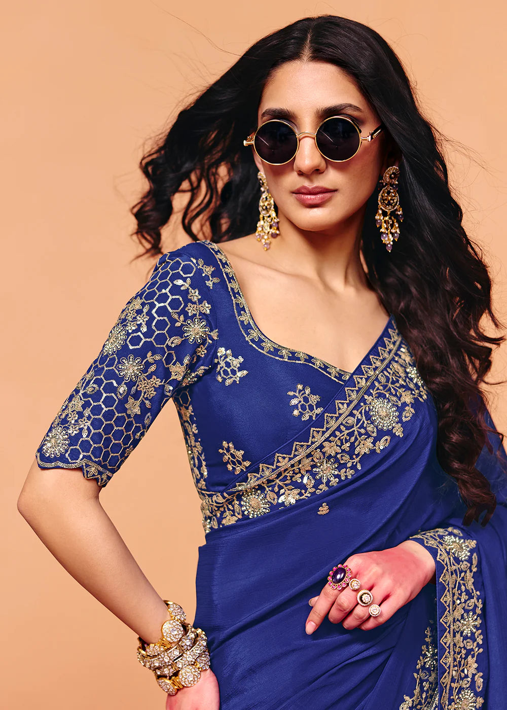 luxury blue saree wedding guest outfit