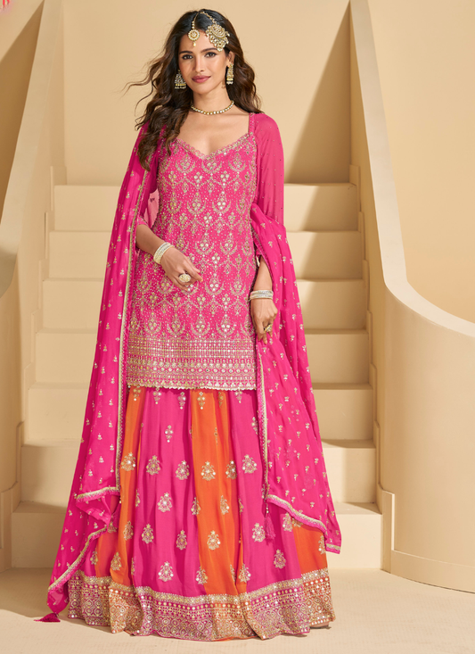 Pink and Orange Georgette Sharara Suit with Dupatta – Designer Party Wear for Wedding & Festivals