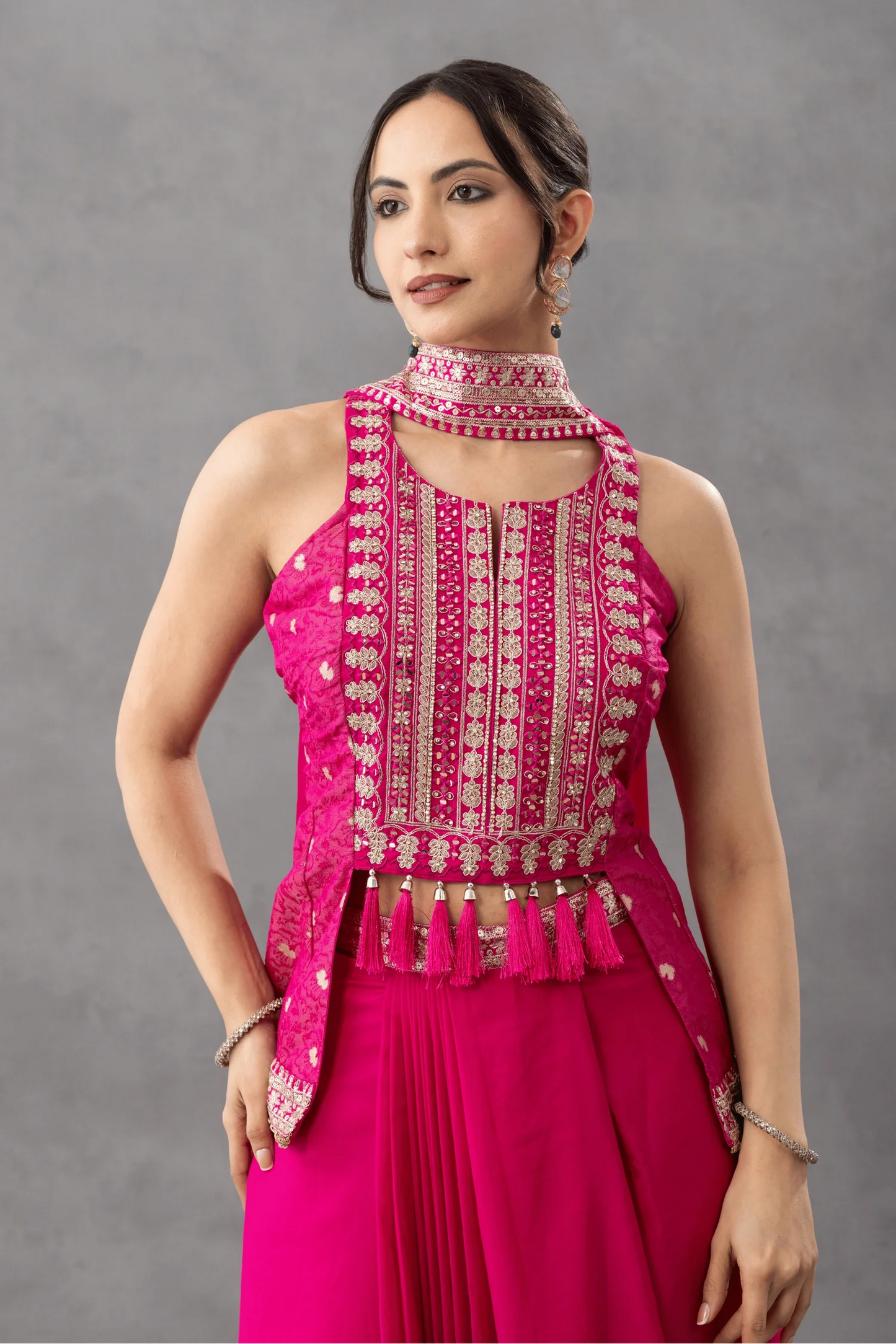 embroidered peplum top draped skirt online