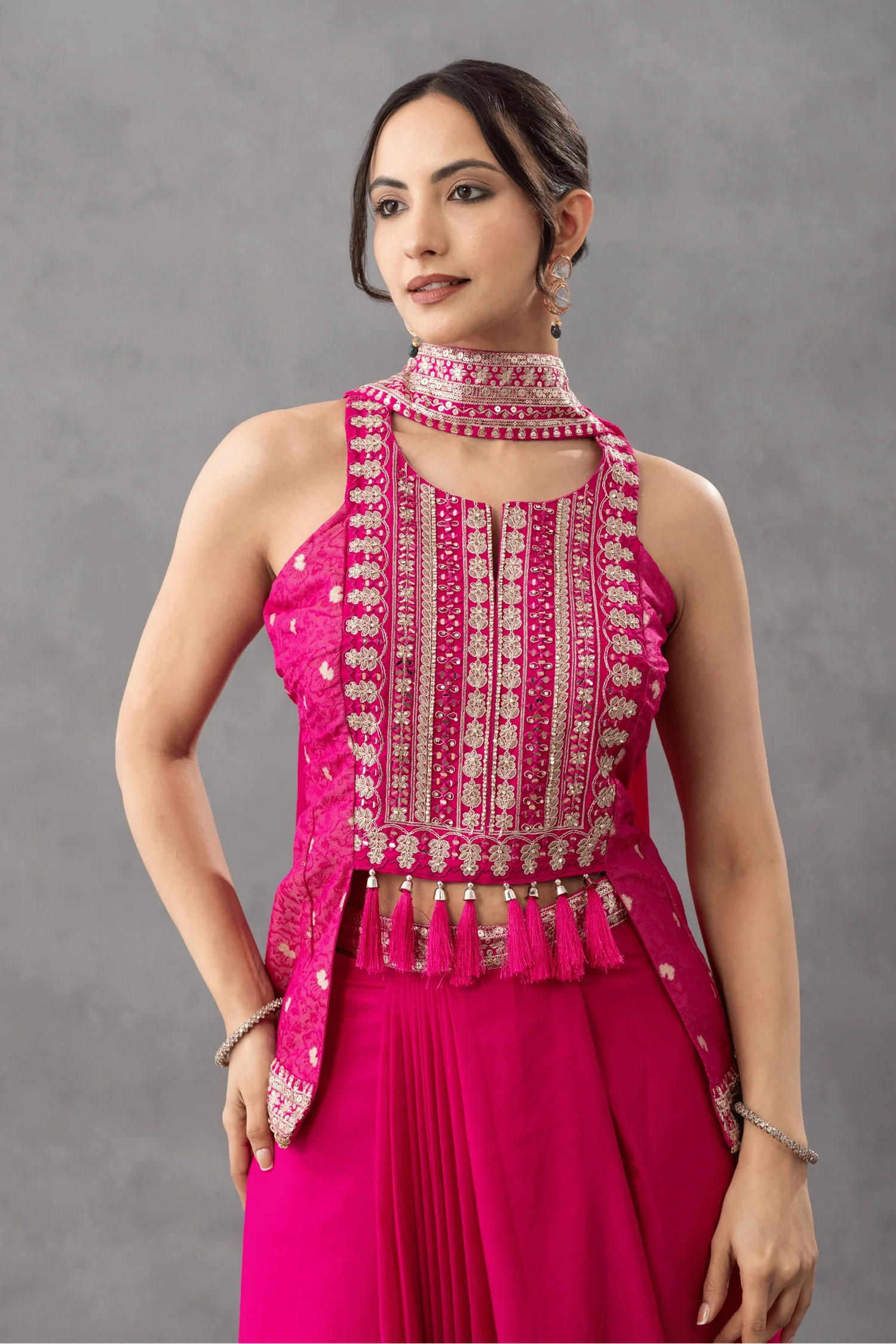 embroidered peplum top draped skirt online