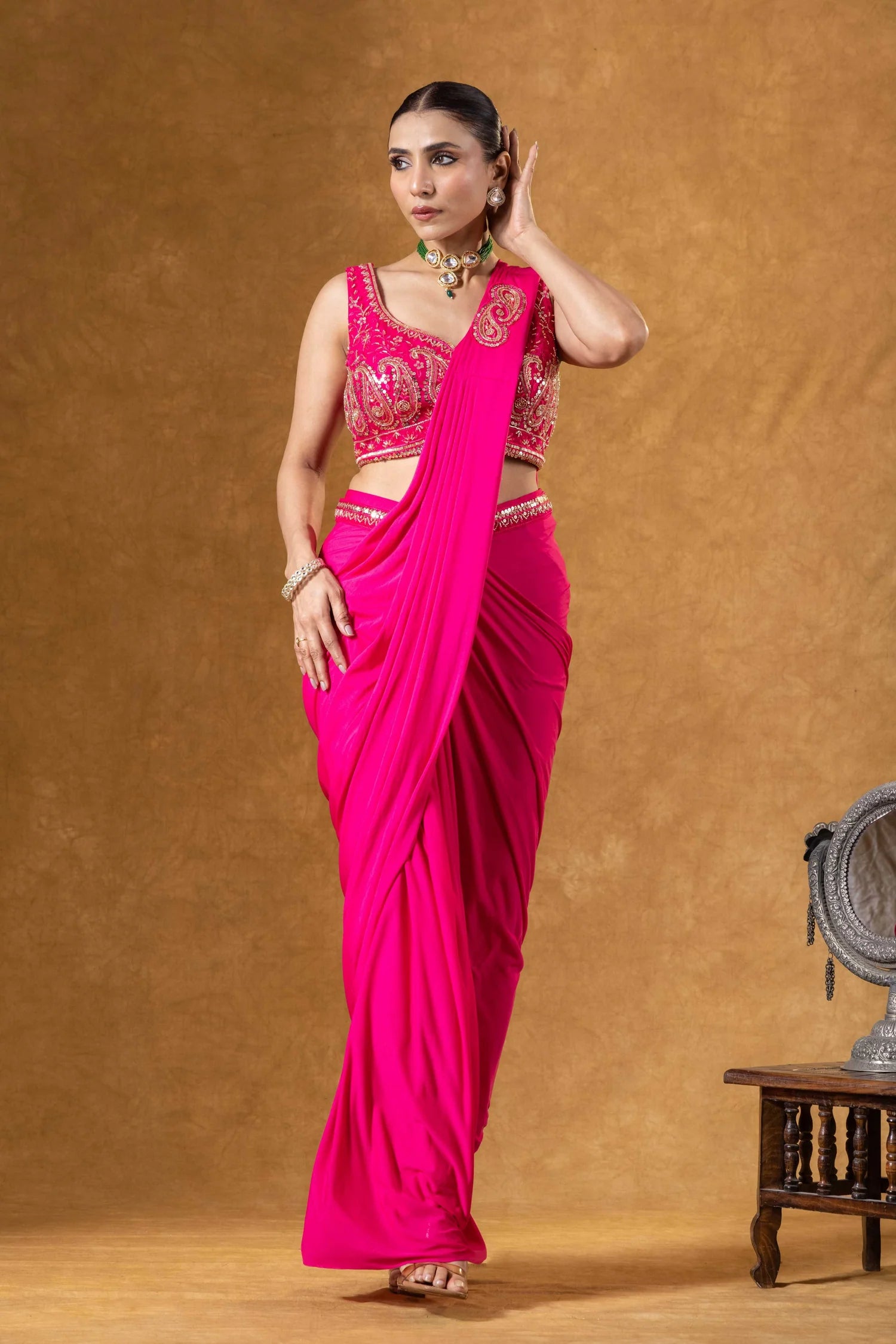 buy soft crepe saree online hot pink
