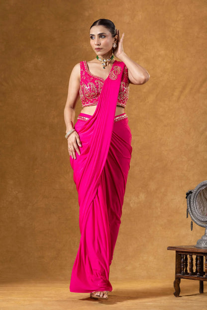 buy soft crepe saree online hot pink