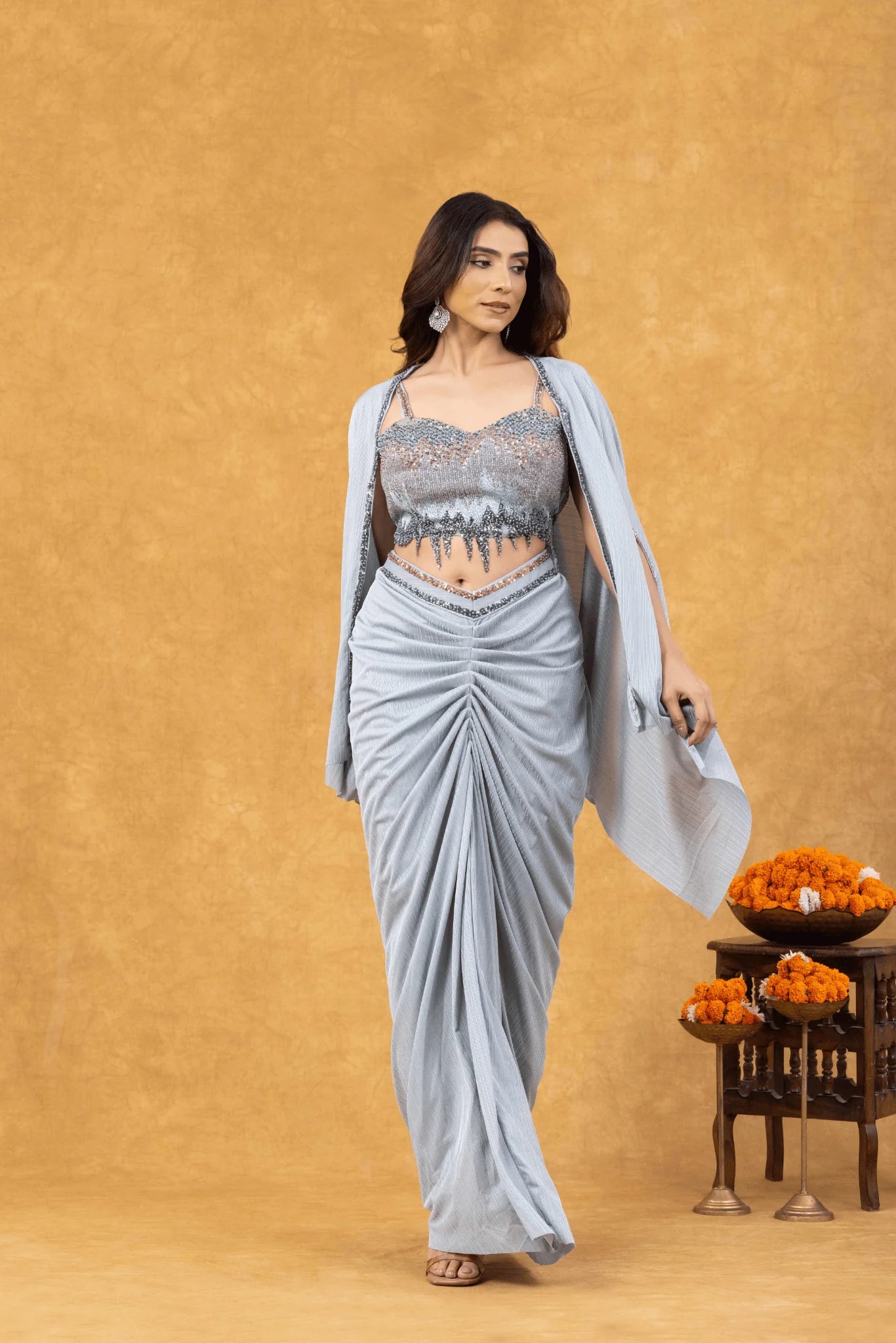 indian cocktail saree ice blue