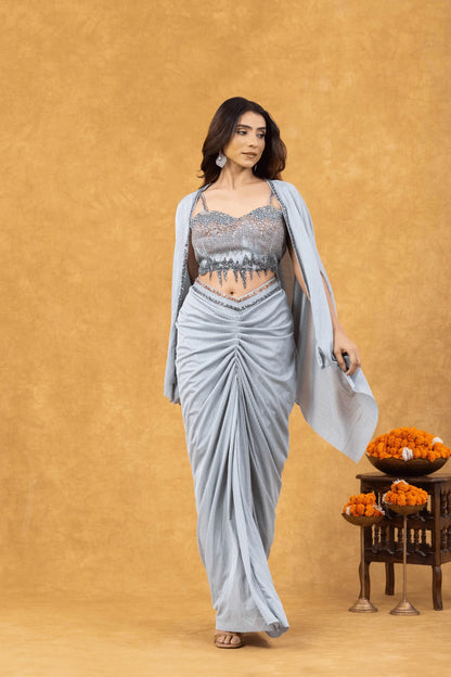 indian cocktail saree ice blue