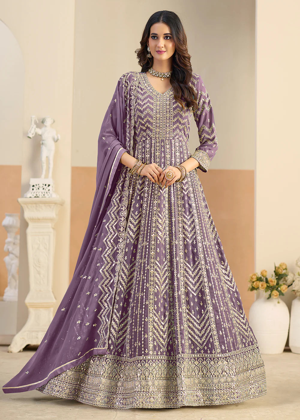 embroidered lavender anarkali gown