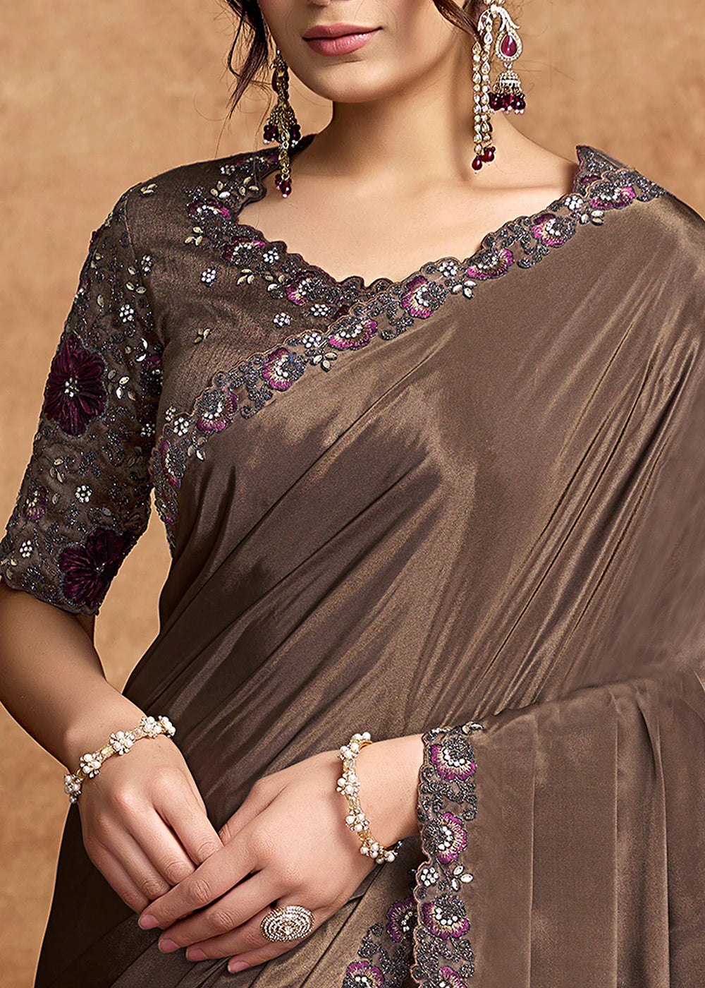 embroidered brown saree uk buy