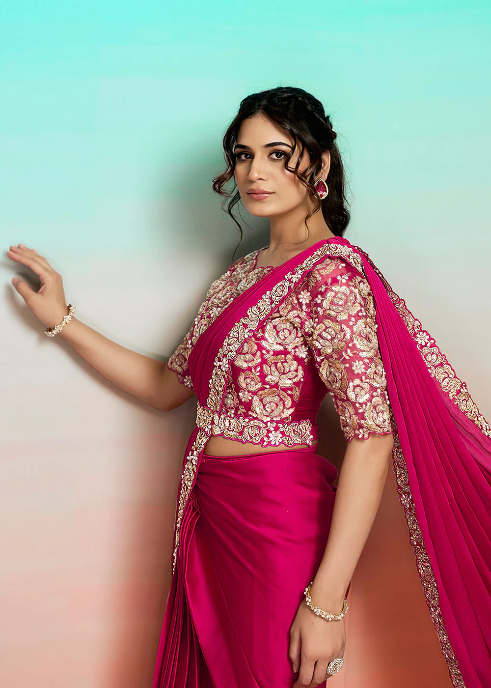 hot pink reception saree shop online