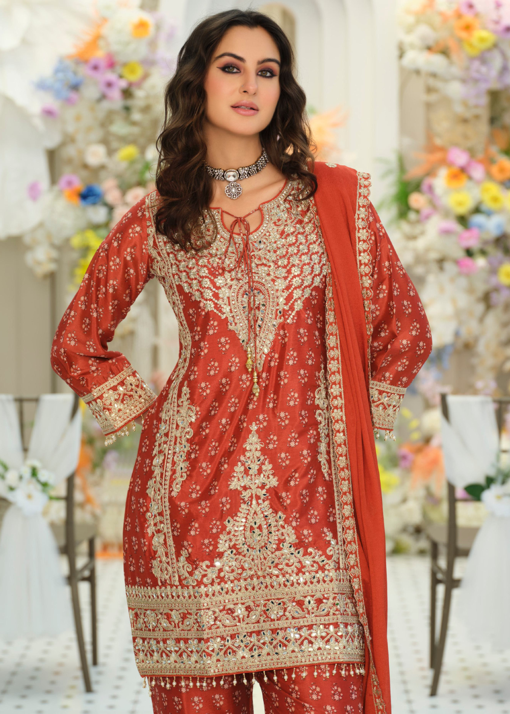 festive orange red suit