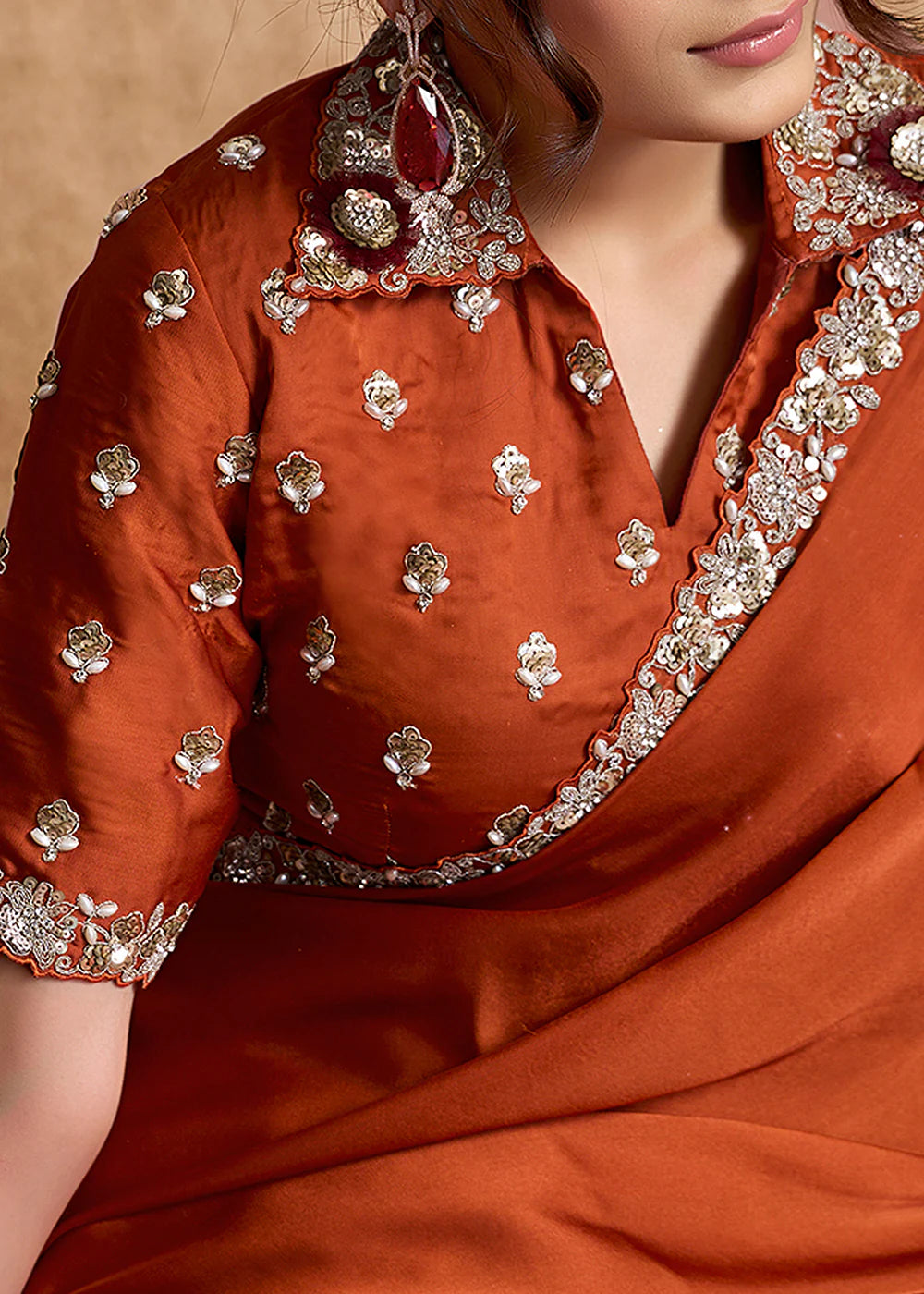embroidered rust orange saree uk buy