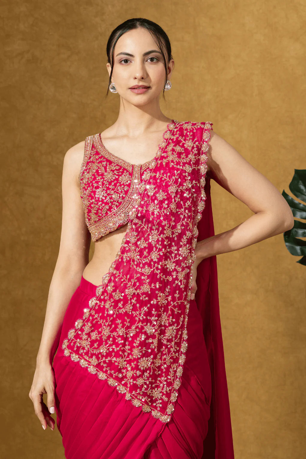 magenta embroidered saree for wedding