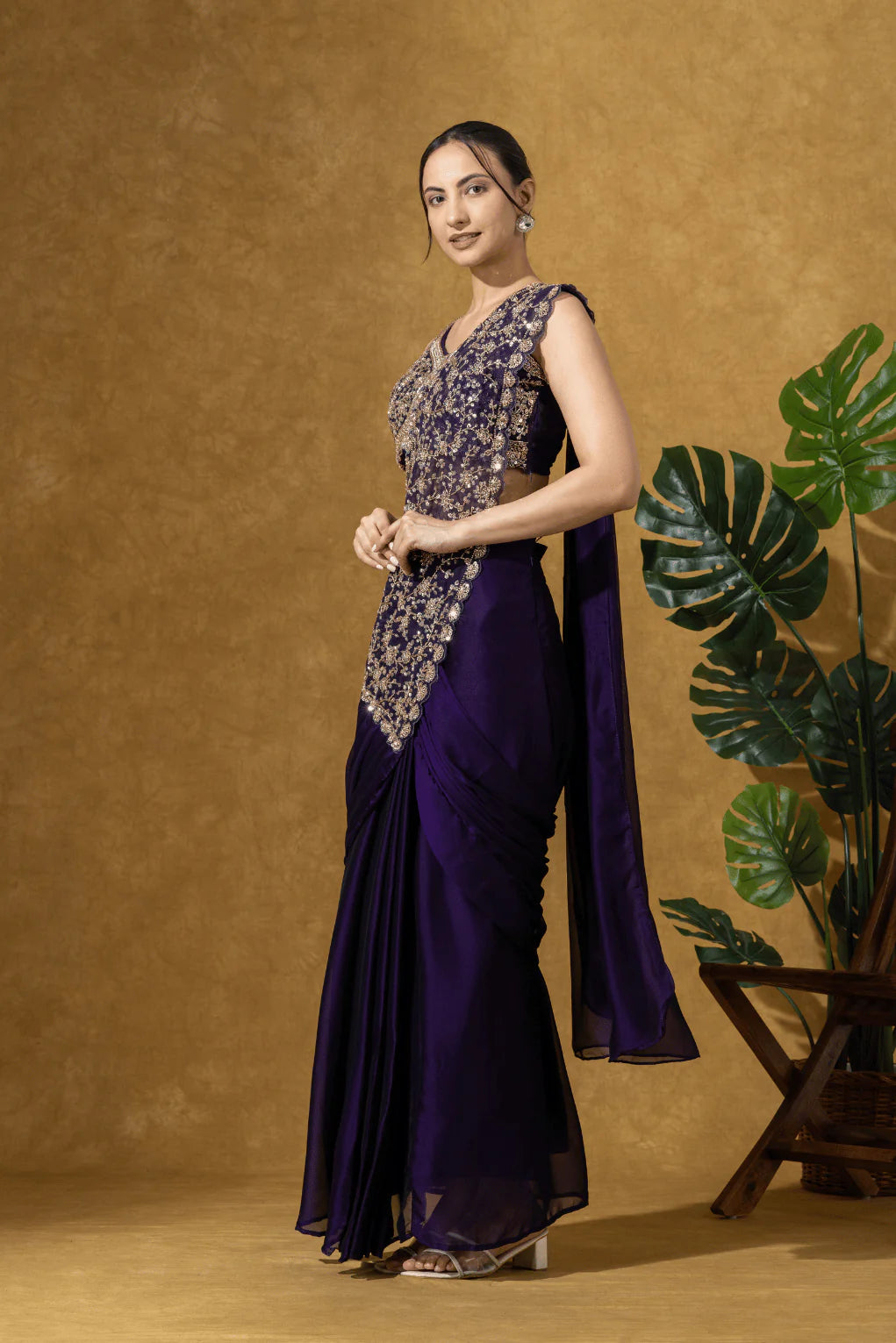 purple embroidered saree for wedding
