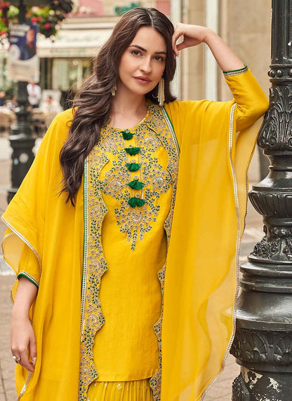 Designer Yellow Embroidered Sharara Suit with Stylish Cape Dupatta – Perfect for Indian and Pakistani Celebrations