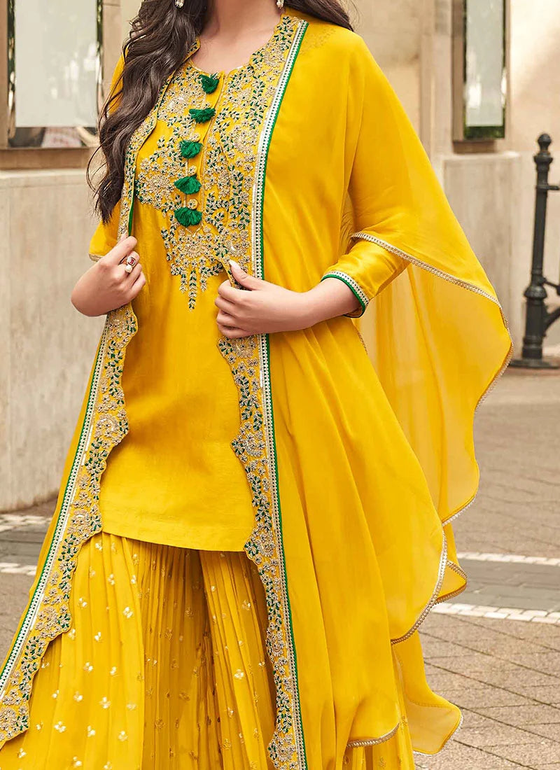 Designer Yellow Embroidered Sharara Suit with Stylish Cape Dupatta – Perfect for Indian and Pakistani Celebrations