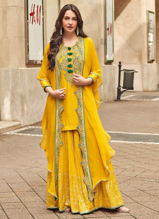 Designer Yellow Embroidered Sharara Suit with Stylish Cape Dupatta – Perfect for Indian and Pakistani Celebrations