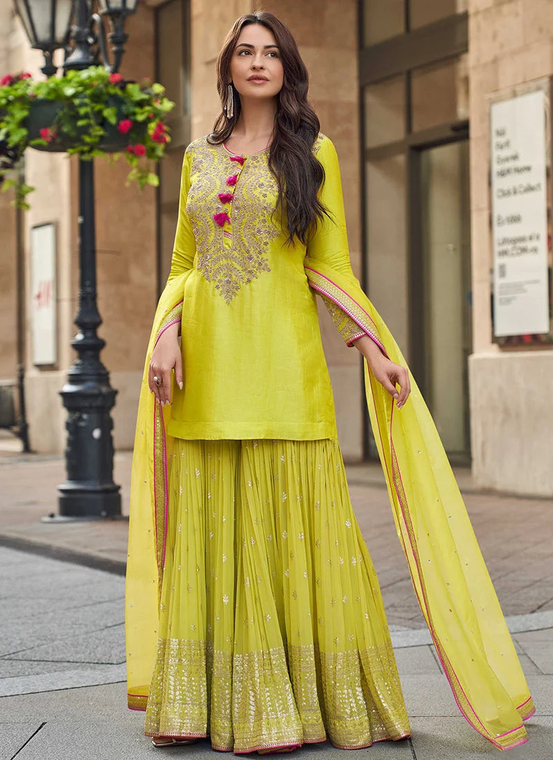 Designer Olive Yellow Embroidered Sharara Suit with Sequins Dupatta – Elegant Indian & Pakistani Festive Outfit