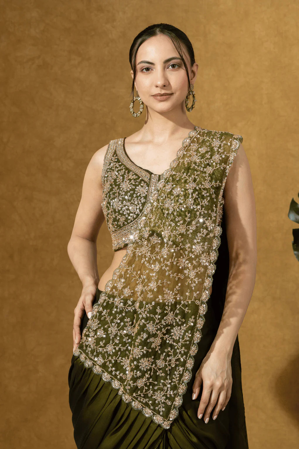 olive green embroidered saree for wedding