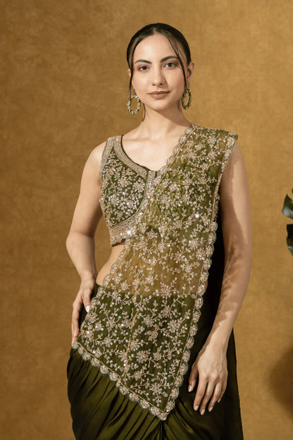 olive green embroidered saree for wedding