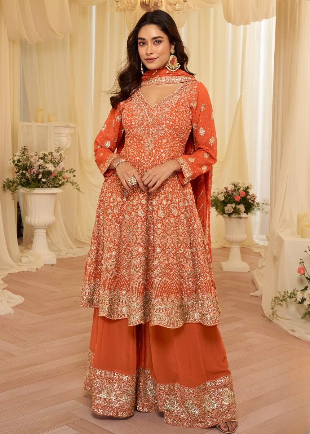 orange embroidered ethnic suit
