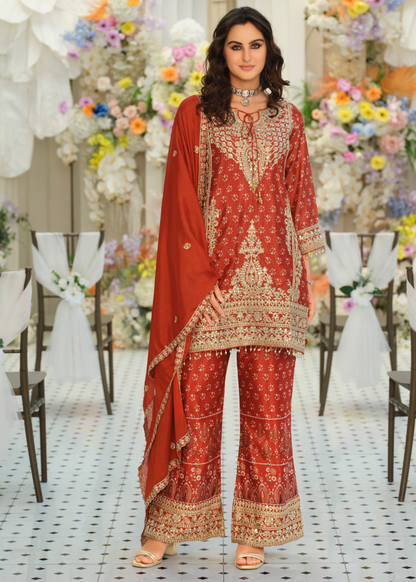 designer orange red suit