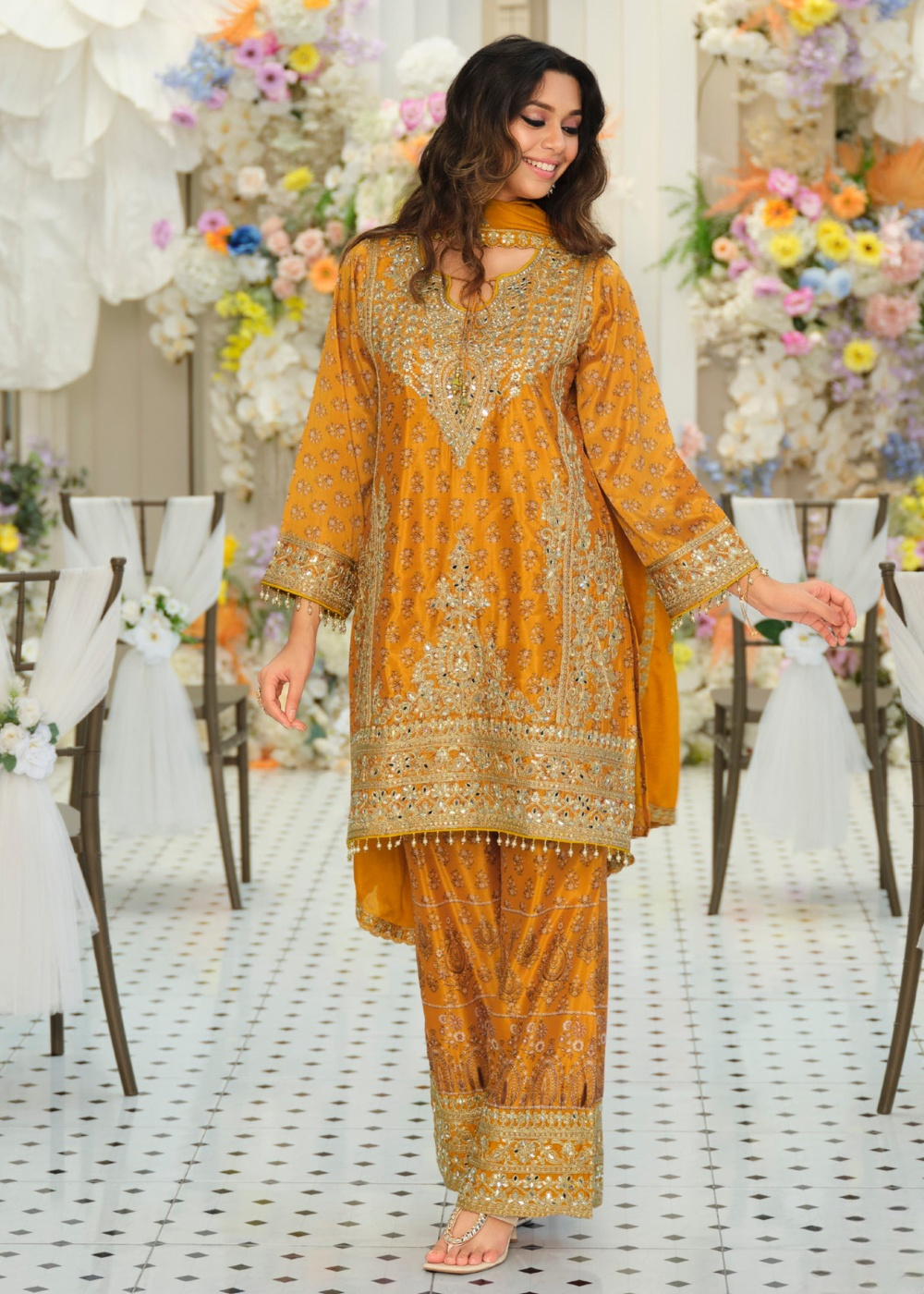 designer mustard yellow palazzo suit for women