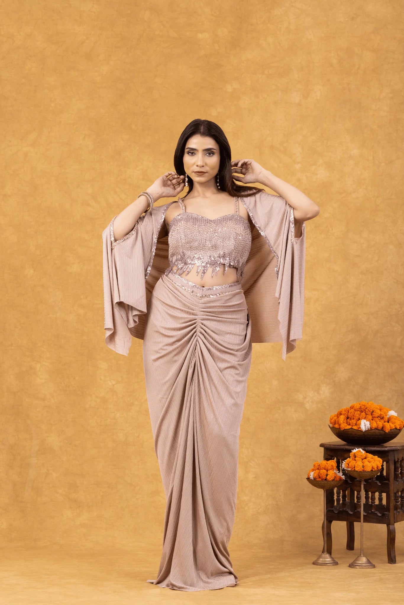 punjabi saree outfit rose gold