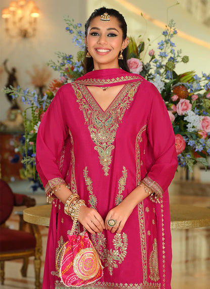 Designer Rani Pink Chinnon Palazzo Suit With Dupatta for Indian Wedding and Pakistani Festival