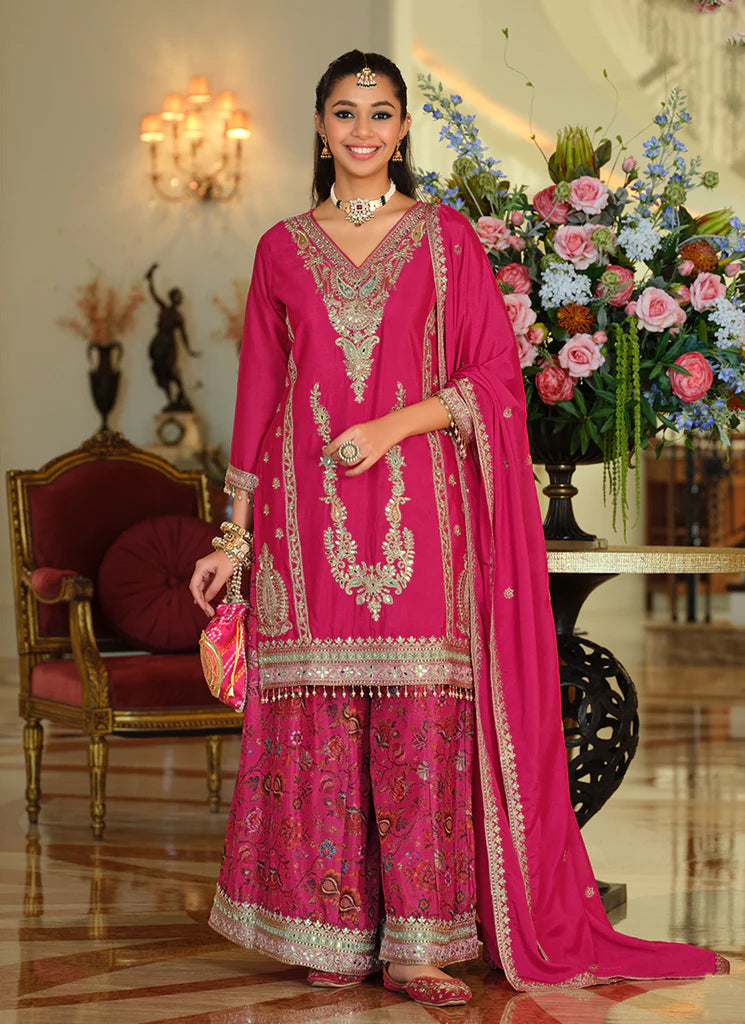 Designer Rani Pink Chinnon Palazzo Suit With Dupatta for Indian Wedding and Pakistani Festival
