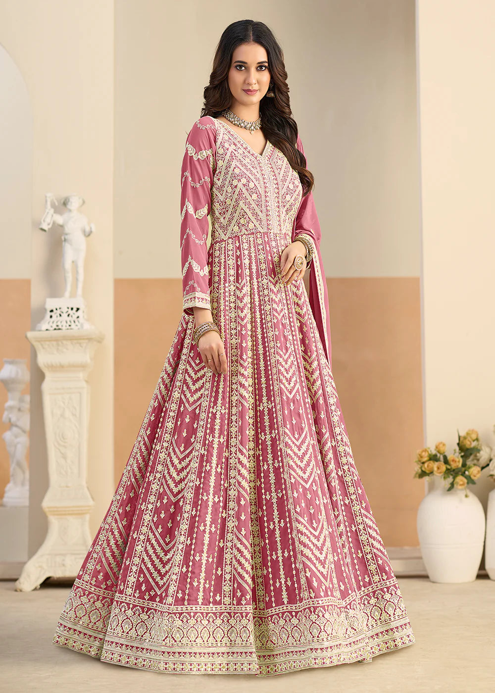 embroidered pastel pink anarkali