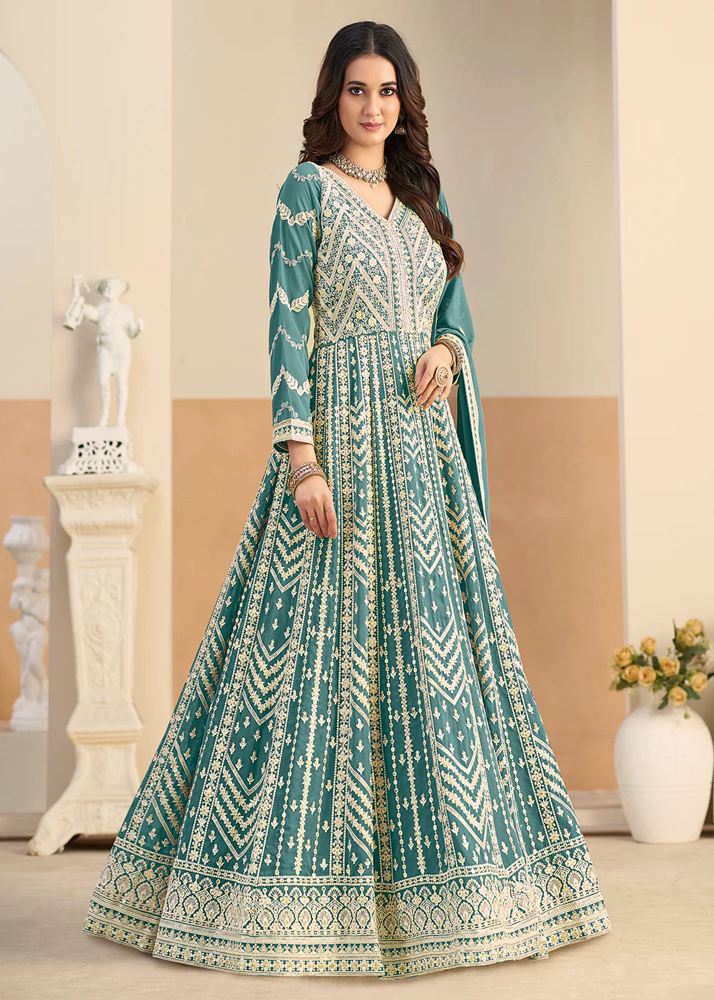 embroidered teal anarkali gown