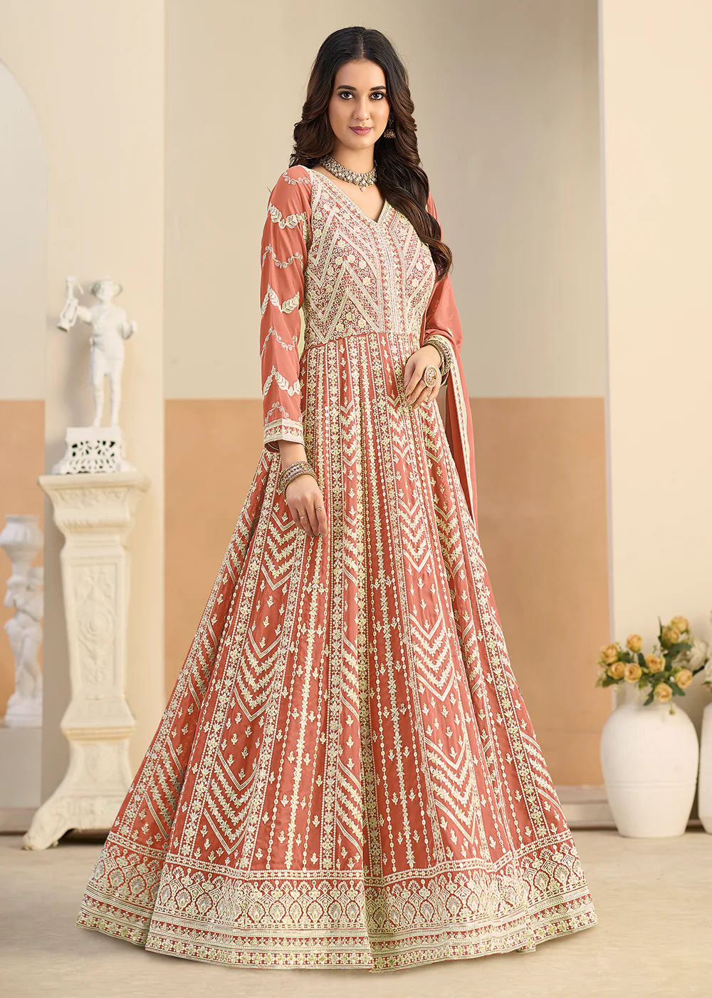embroidered peach anarkali gown