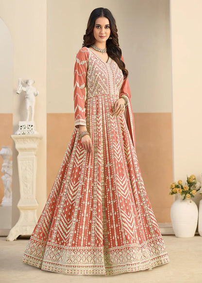 embroidered peach anarkali gown