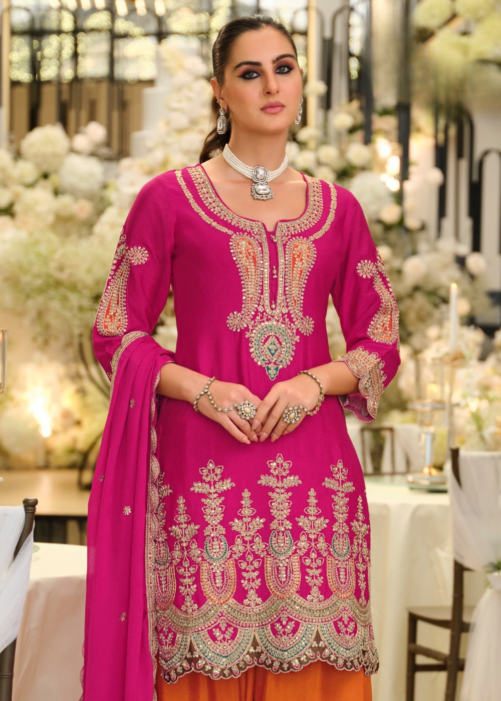 pink orange ethnic suit