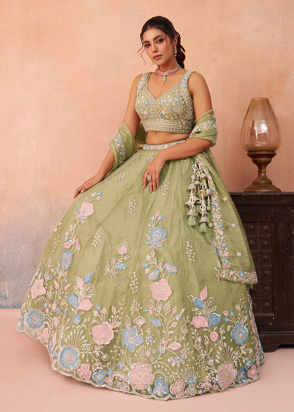 pista green reception lehenga
