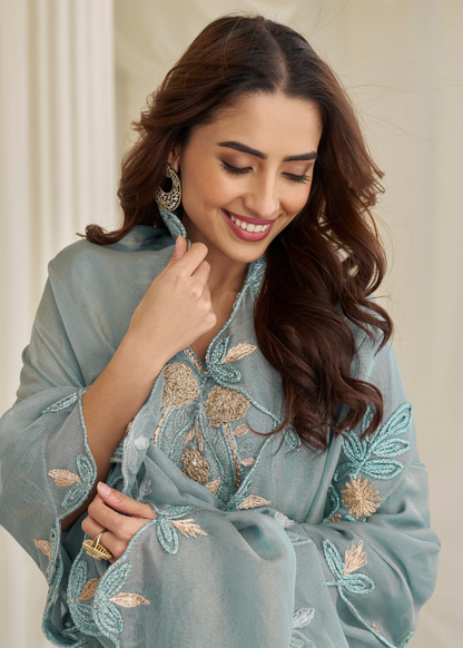 powder blue silk suit
