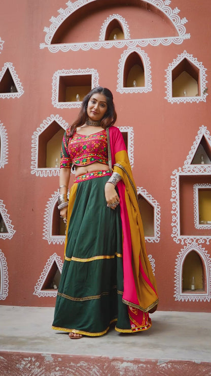 Mustard Mirror Work Embroidered Chaniya Choli for Navratri