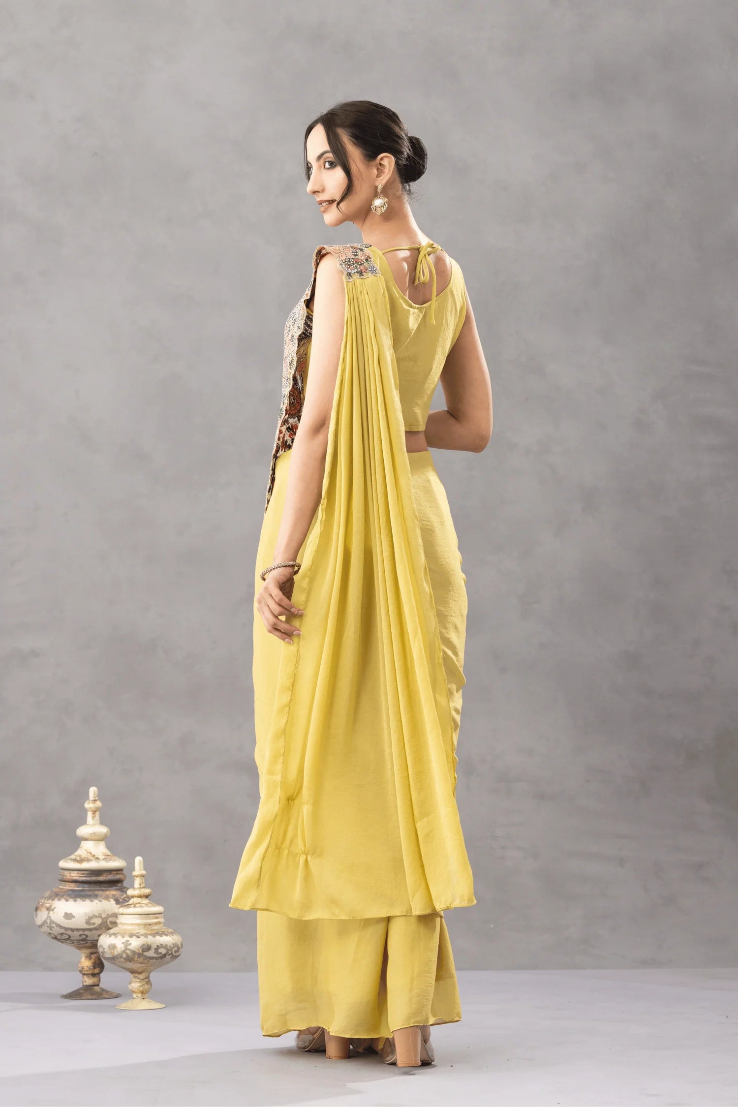 pakistani style draped saree mustard