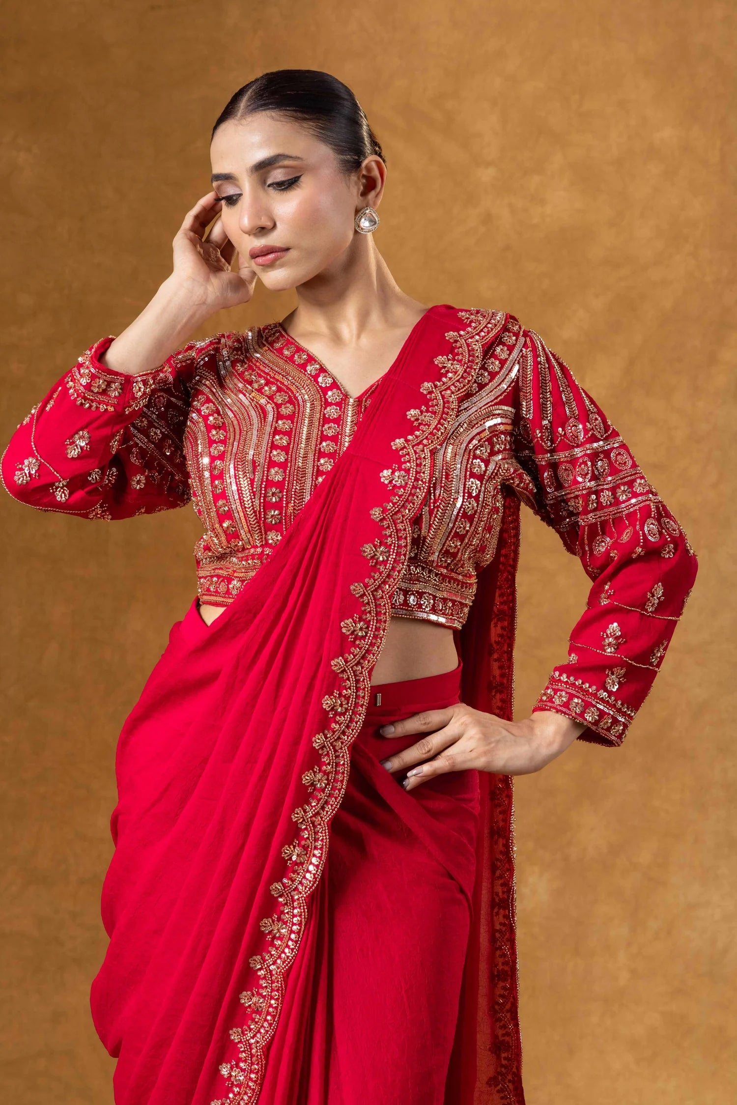 pakistani style saree crimson