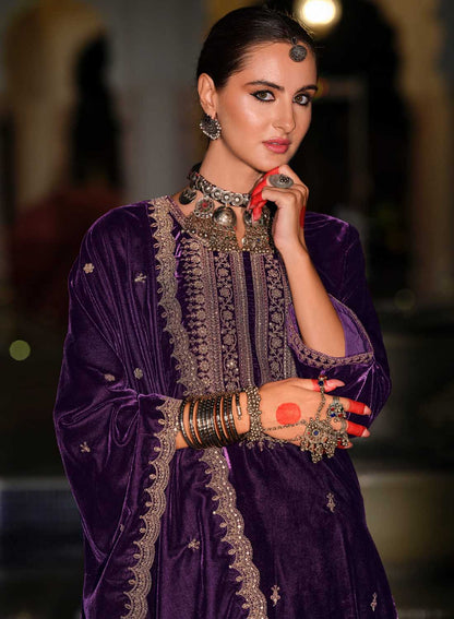 Purple Velvet Embroidery Suit with Dupatta -Perfect for Indian Festival and Pakistani Wedding